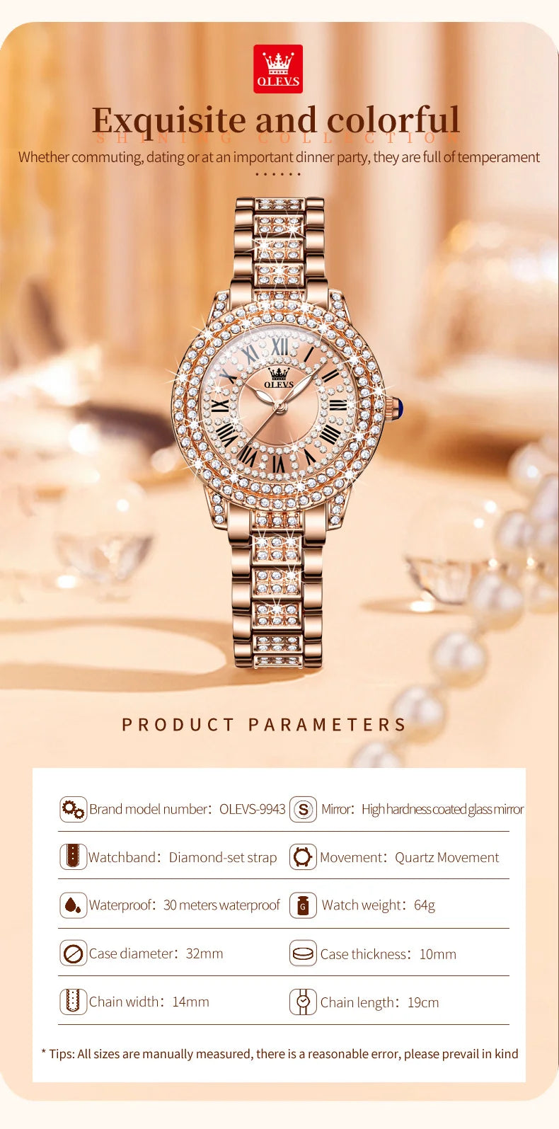 OLEVS Luxury Women’s Waterproof Chronograph Watch. Rose Gold Crystal Fashion Timepiece