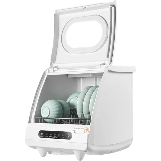 Portable tabletop dishwasher, compact dishwasher, countertop dishwasher, leak-proof drying, 360° spray arm, 5 programmes, white.