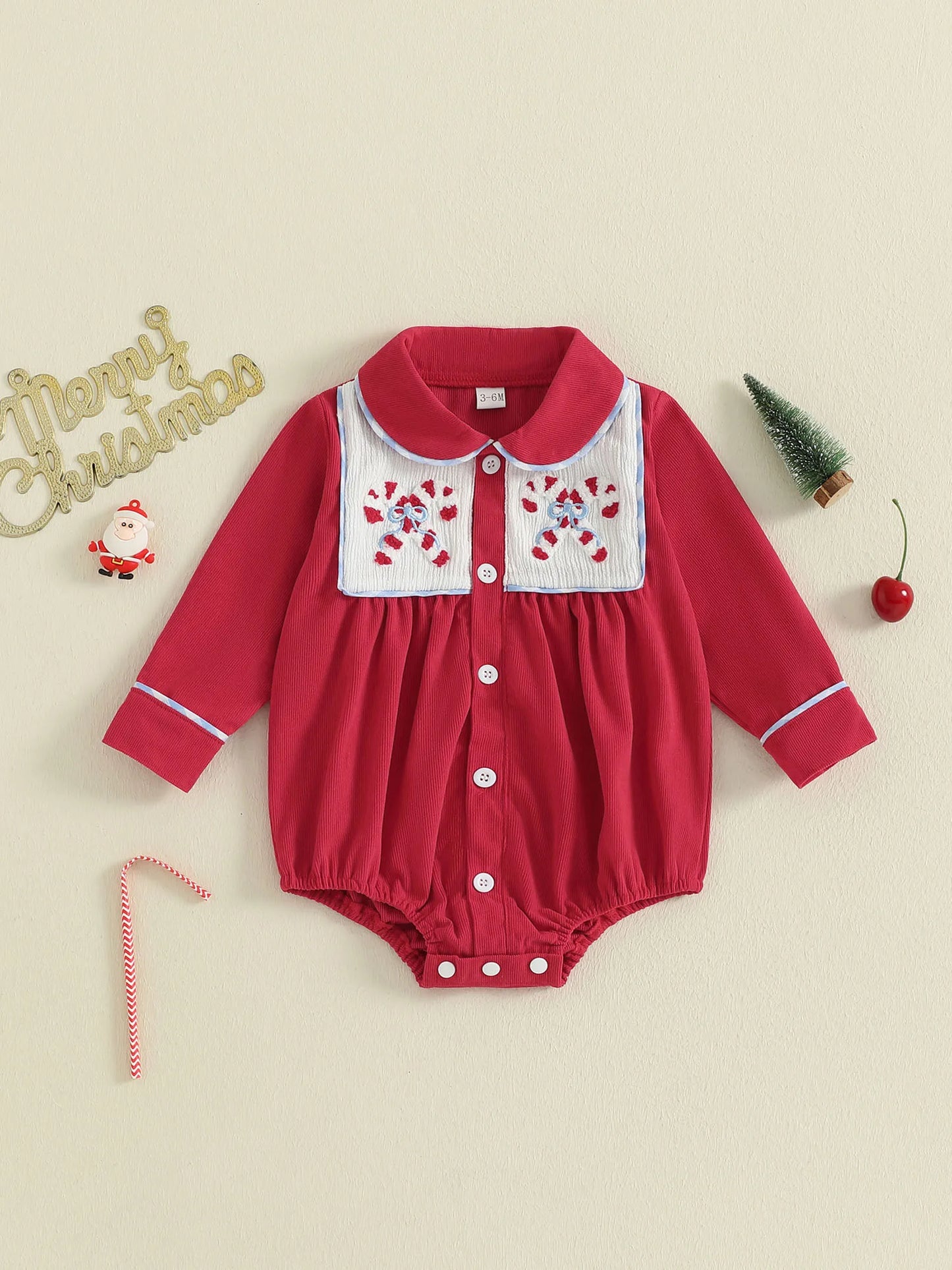 Christmas Baby Romper with Santa and Candy Cane Embroidery Long Sleeve Design Doll Collar and Button Down Closure for a