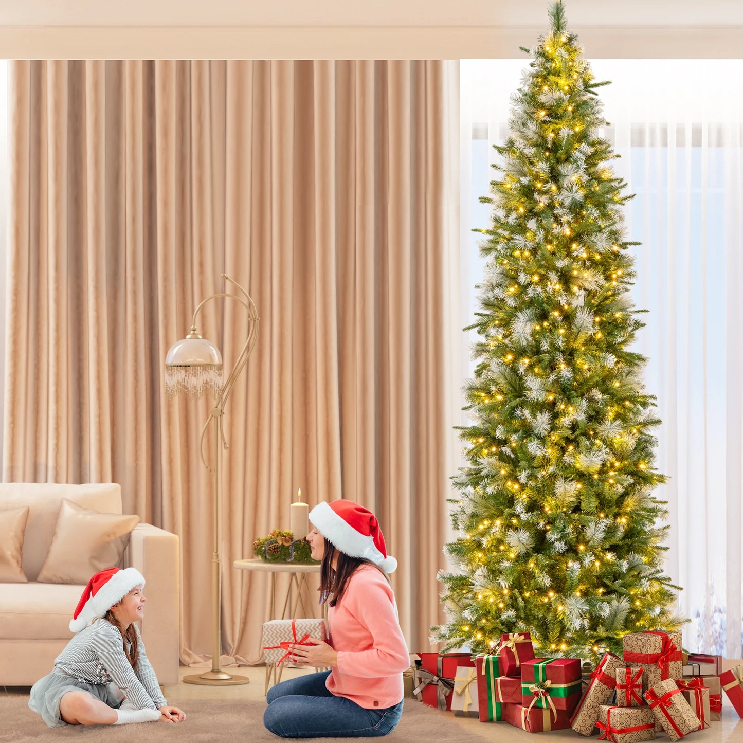 6FT–9FT Pre-Lit Pencil Artificial Christmas Tree Slim Hinged Holiday Tree with Warm LED Lights