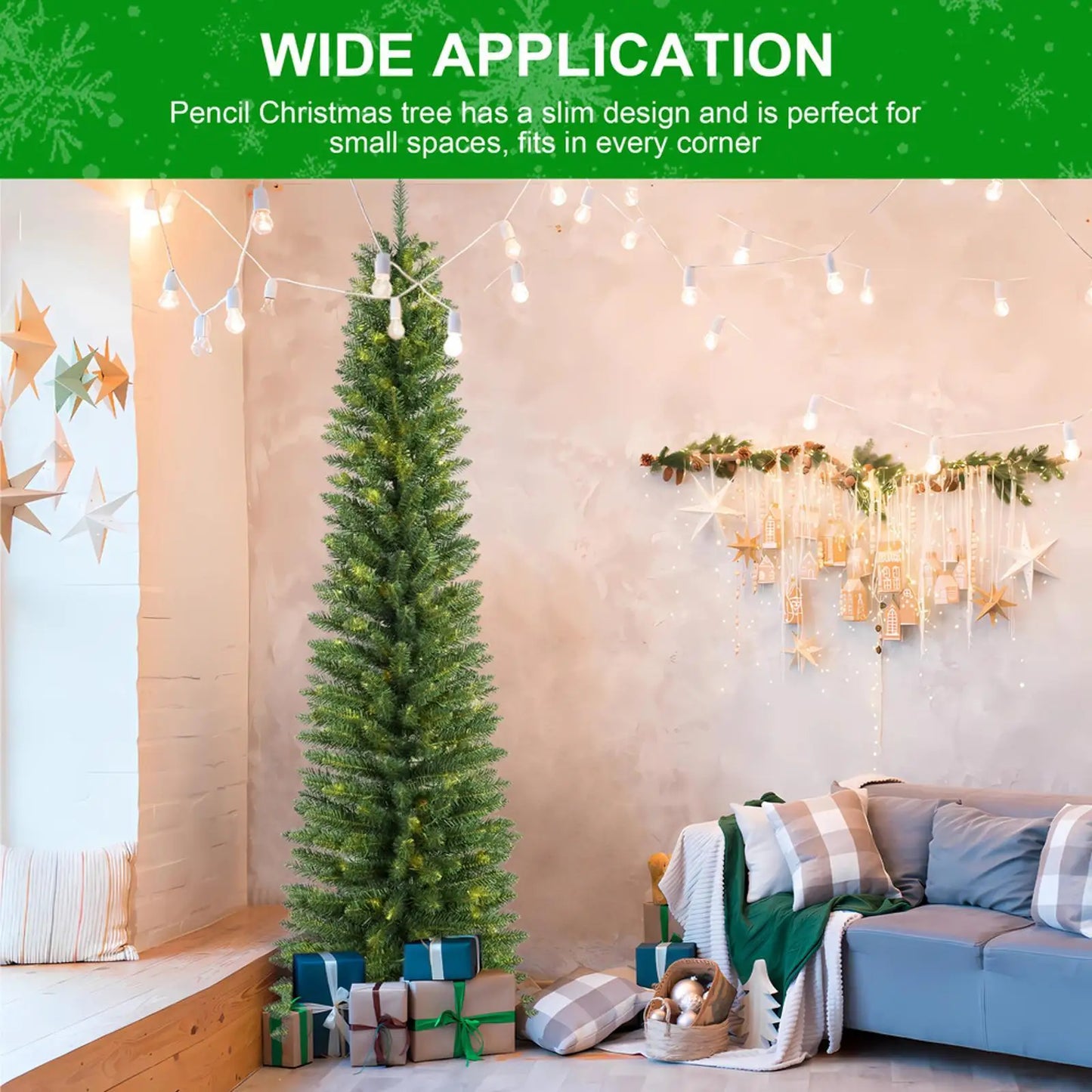 7FT Green Pencil Christmas Tree .Slim Space-Saving Artificial Holiday Tree with 469 Tips