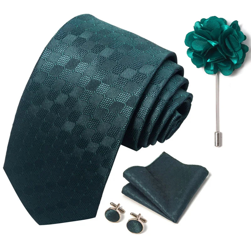 Luxury Green Floral Men’s Necktie Set .Tie, Pocket Square & Cufflinks