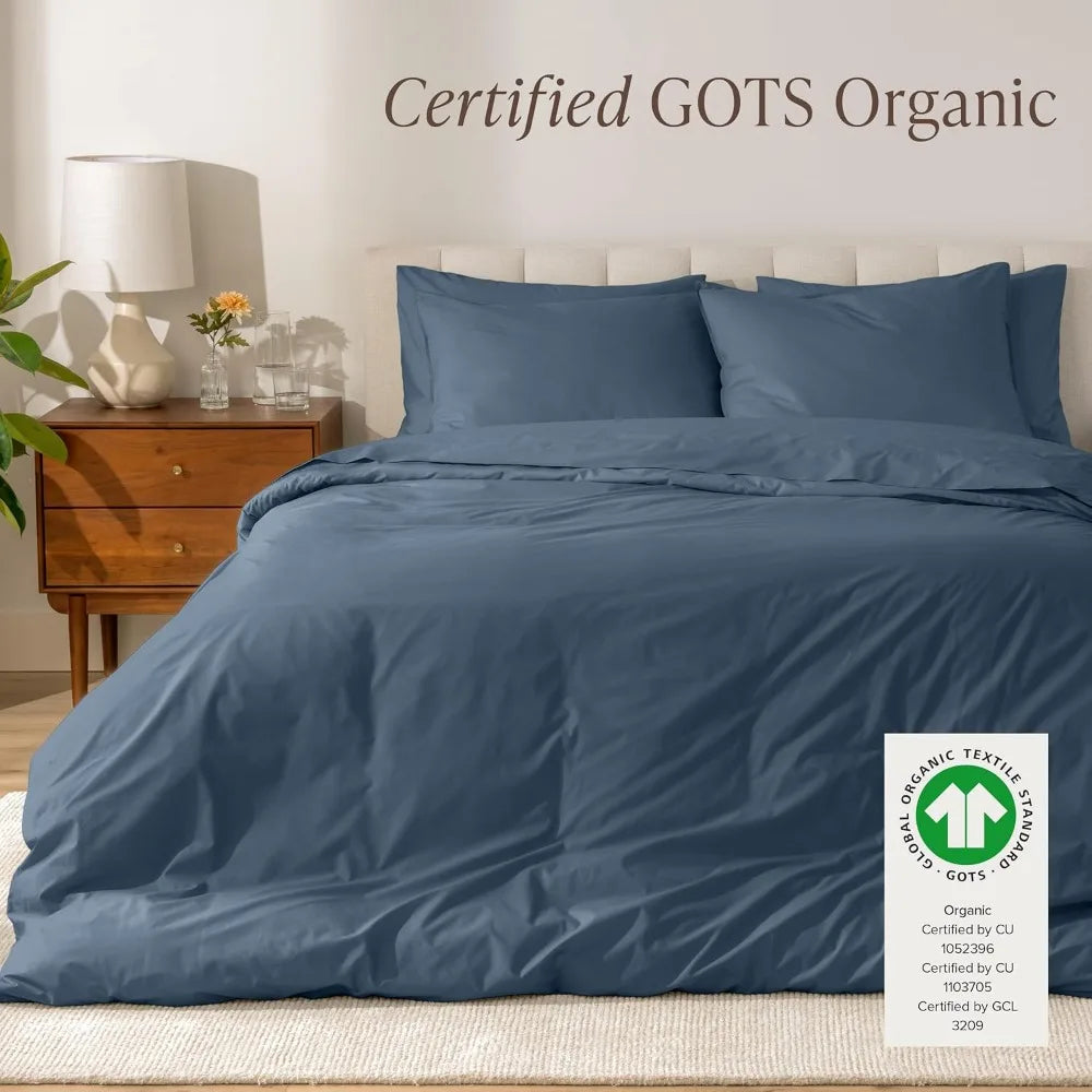 Organic Cotton Duvet Cover Set - Full/Queen Size - Lightweight Percale Weave for Breathability and Cooling Comfort
