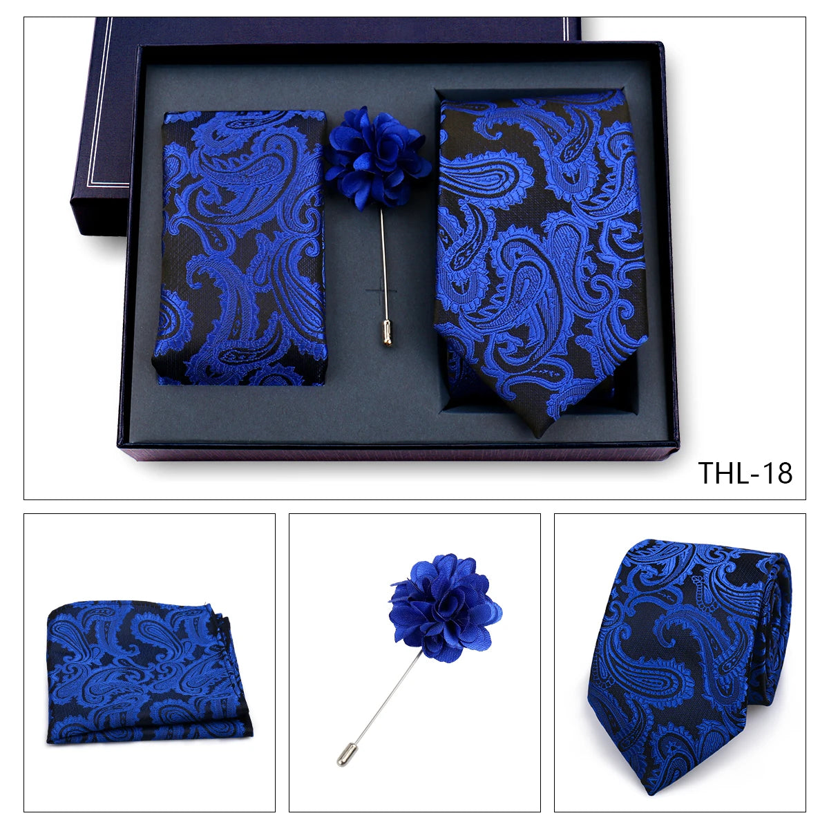 Luxury Men’s Paisley Necktie Gift Set. Silk Tie, Pocket Square, Cufflinks & Gift Box for Weddings & Business
