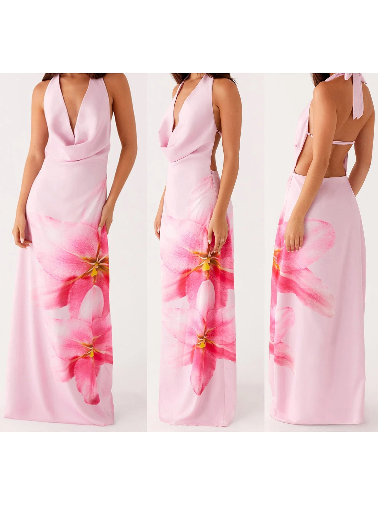Elegant Floral Print Sleeveless Halterneck Maxi Dress with Open Back for Summer Wedding Guest or Beach Vacation