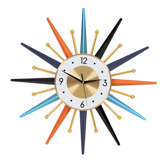 Colorful Starburst Wall Clock – Mid-Century Modern Sunburst Décor