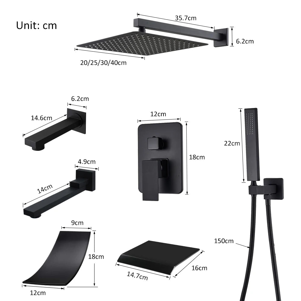 Black Concealed Shower System With Tub Spout In Wall Mount