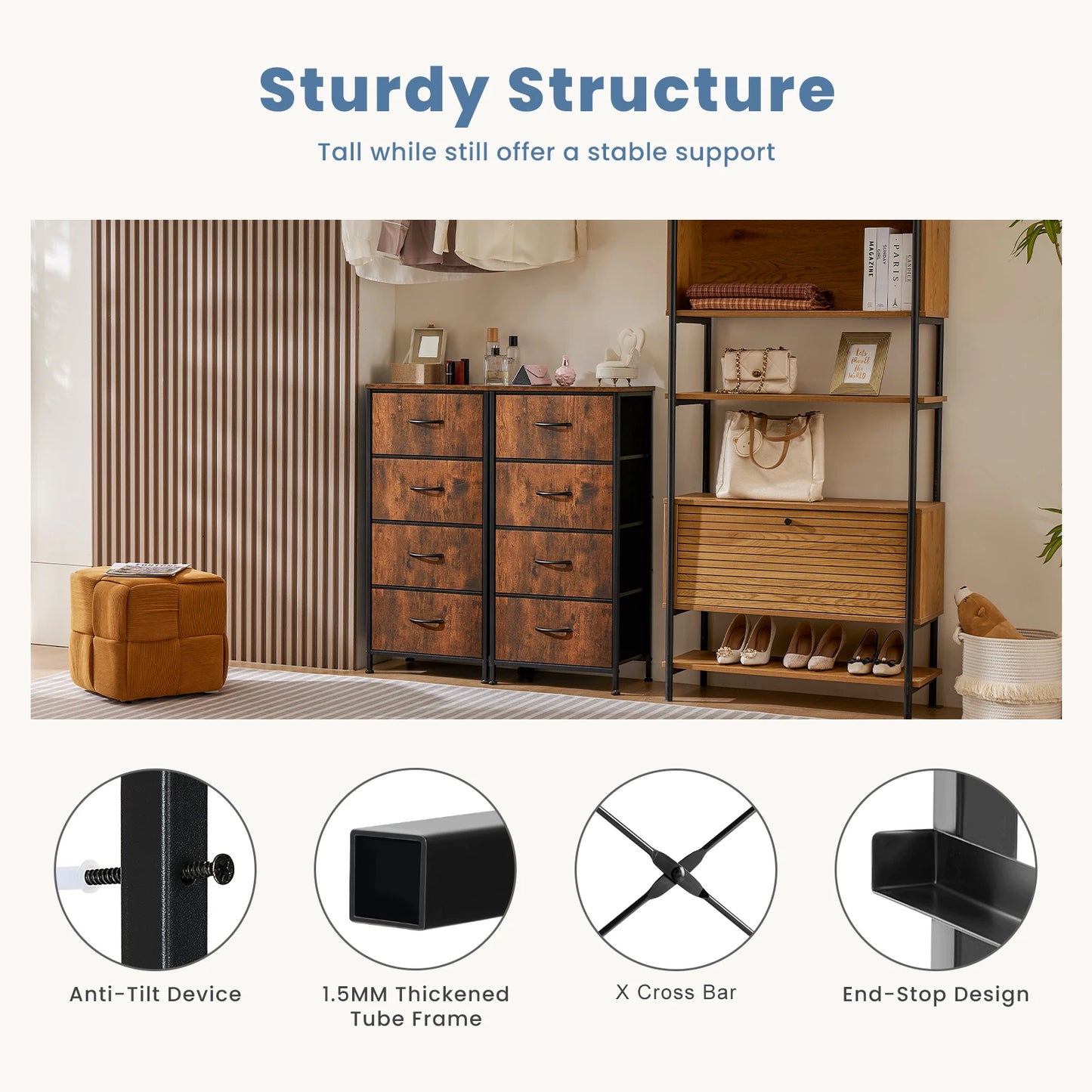 JHK Dresser For Bedroom With 4 Fabric Drawers Nightstand Wardrobe Steel Frame Closet For Clothes Storage Cabinet Of Furniture