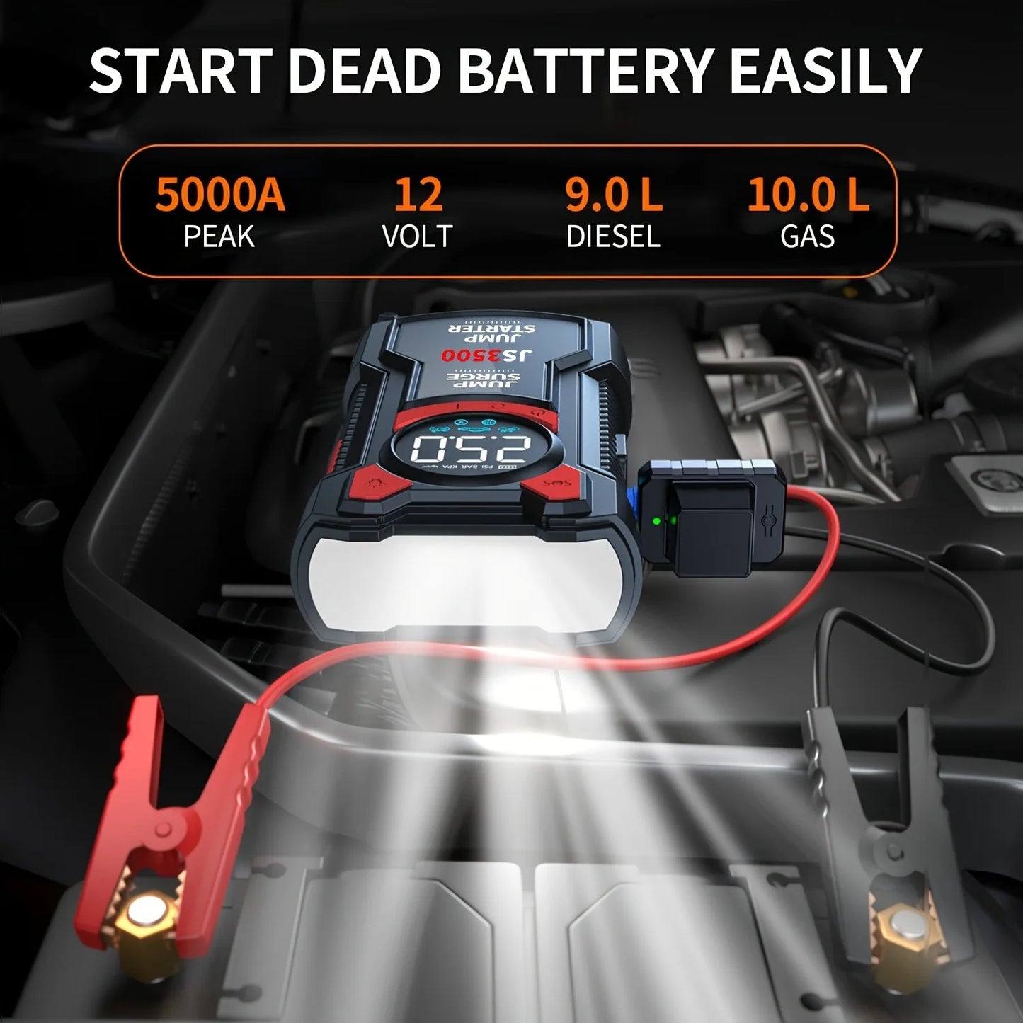 3000A Portable Car Jump Starter with Air Compressor  5-in-1 Battery Booster, Tire Inflator, LED Light & Power Bank