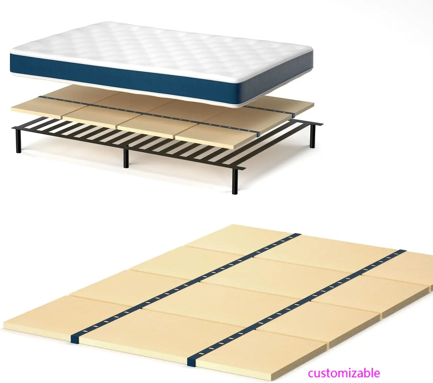 Queen Bunkie Board, Folding Bed Plate Support, 64 x 57 in, Blue, Brown