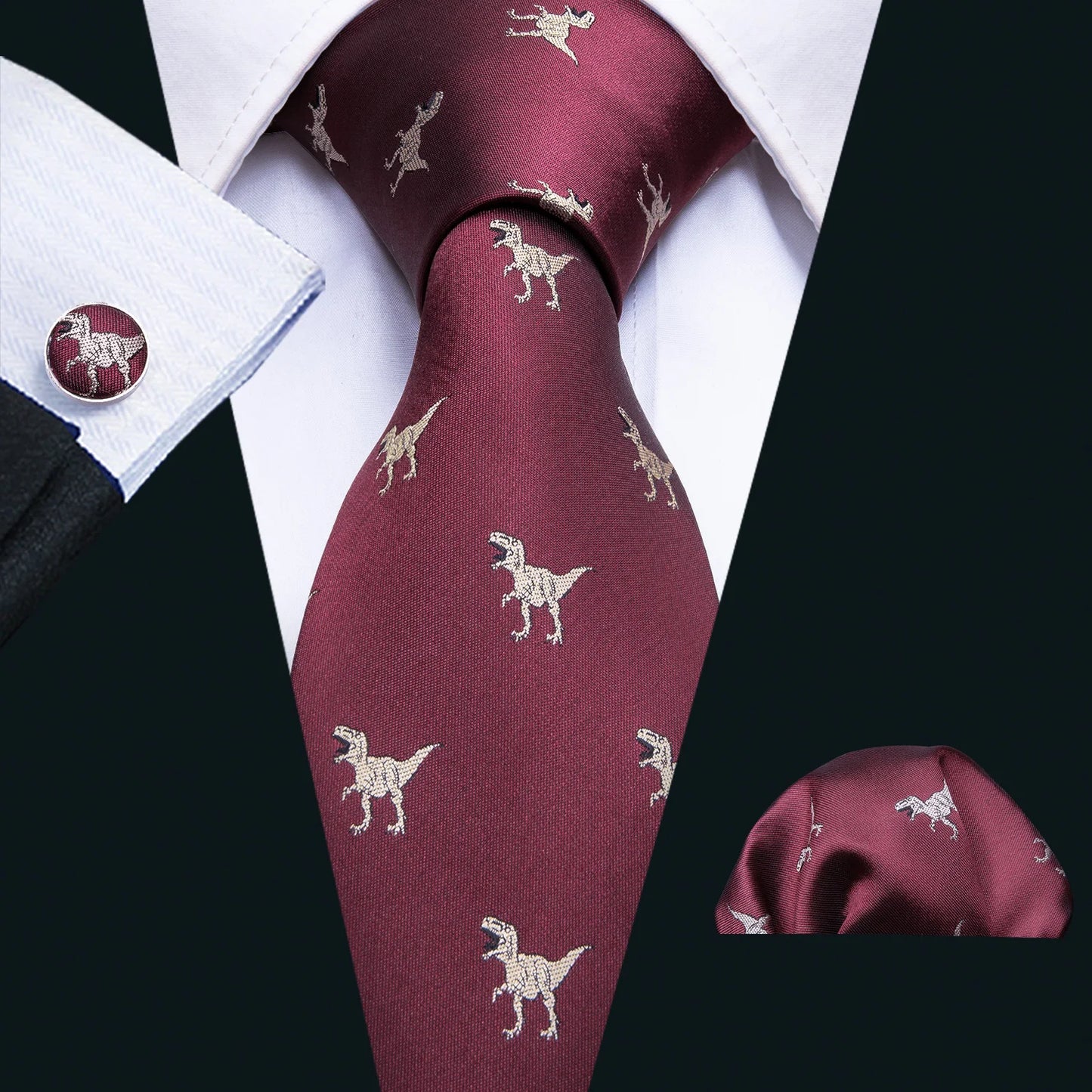 Men’s Luxury Dinosaur Necktie Set . Navy Blue Silk Tie, Pocket Square & Cufflinks for Business, Weddings & Special Events