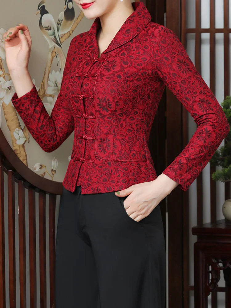 Autumn Winter Velvet Lace Floral Cheongsam Top Jacket Women