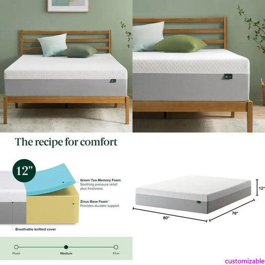 "12-inch premium green tea memory foam mattress - king size, medium firmness, breathable design, fiberglass-free"