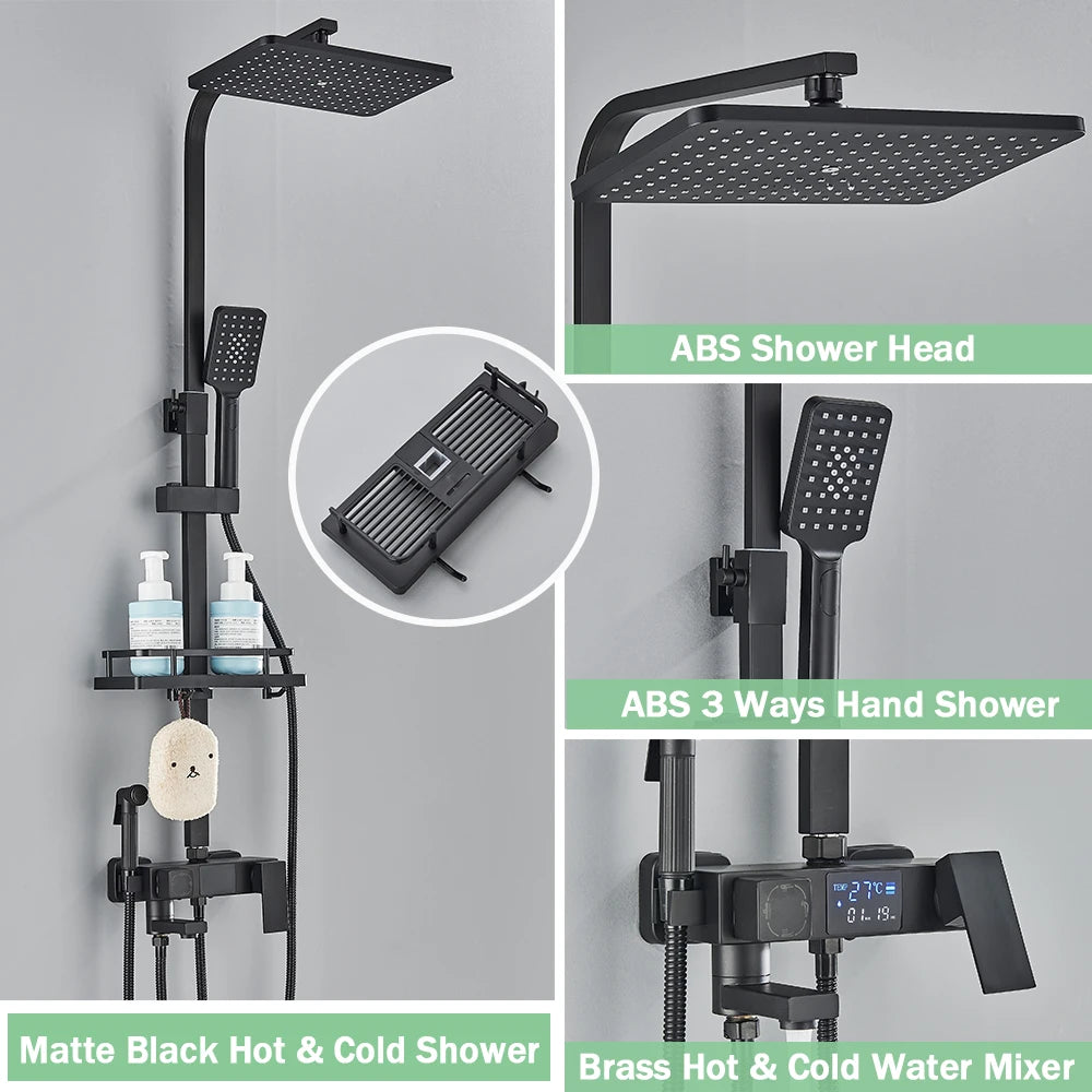 Black Digital Display Thermostatic Shower Faucet 4 Way