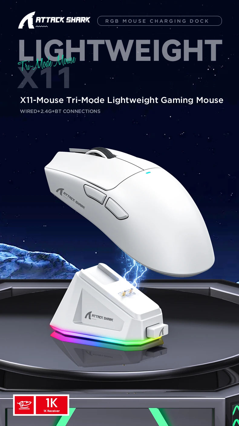 ATTACK SHARK X11 Lightweight Wireless Gaming Mouse with RGB Backlight, Rechargeable Bluetooth & 2.4GHz Mouse for PC, Mac & Laptop