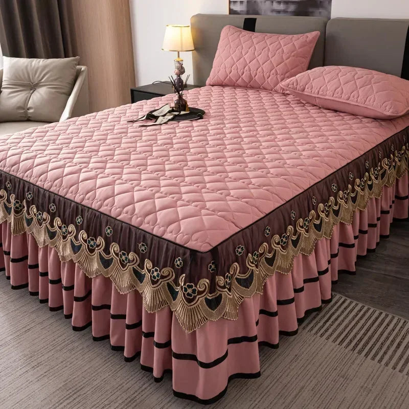Elegant Embroidered Lace Quilted Bed Skirt Set