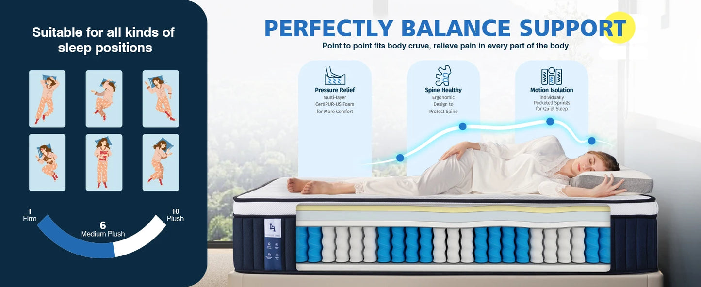 King Mattress 14Inch Euro Top Memory Foam Hybrid Mattress Medium Plush Feel Pocket Springs King Size Mattress for Pressure Relie