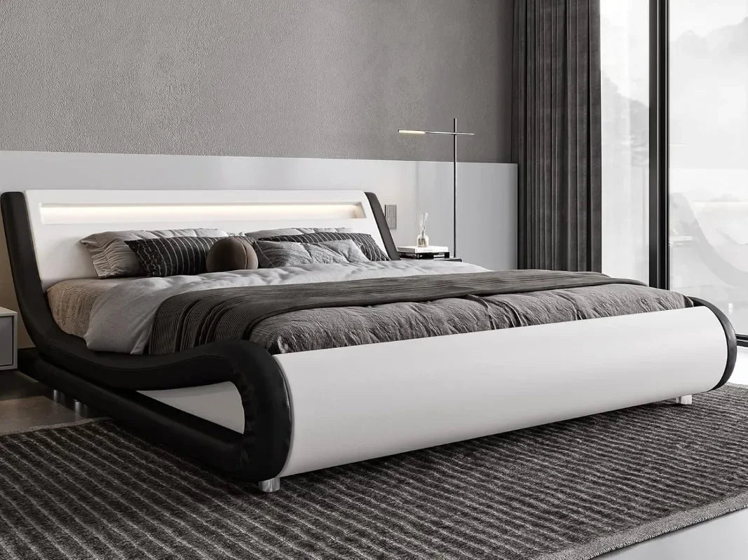 Queen Size Upholstered Platform Bed with Adjustable LED Headboard