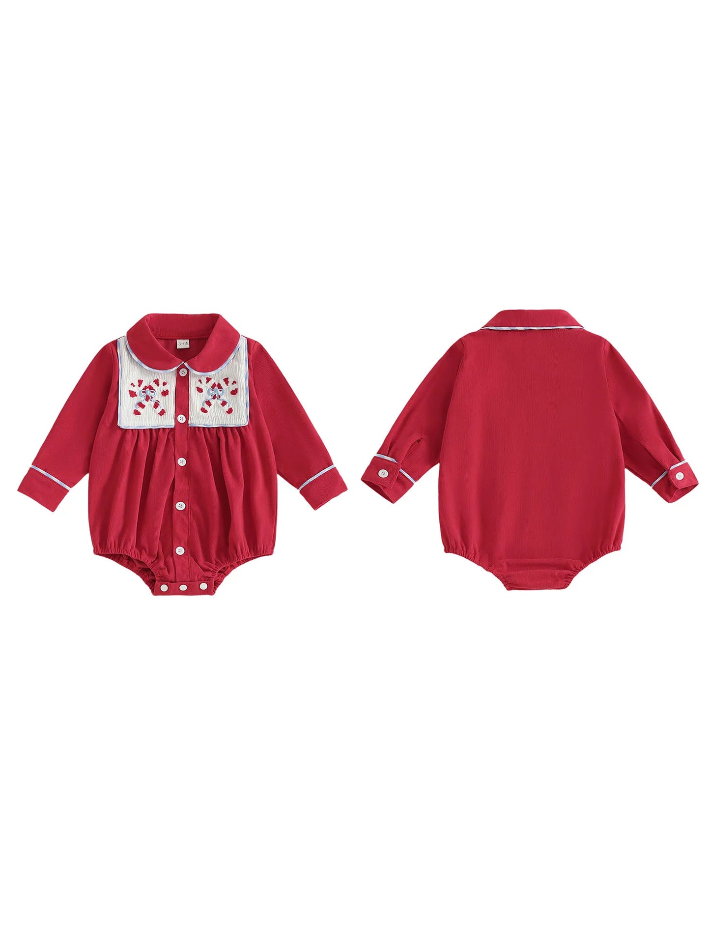 Christmas Baby Romper with Santa and Candy Cane Embroidery Long Sleeve Design Doll Collar and Button Down Closure for a