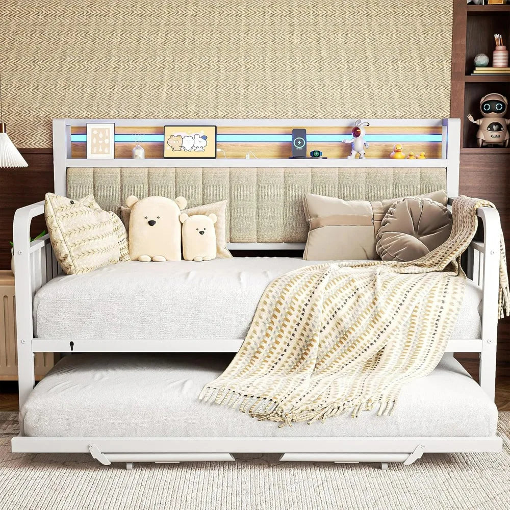 "durable metal daybed with lift trundle, twin bed frame with padded headboard and usb charging port"