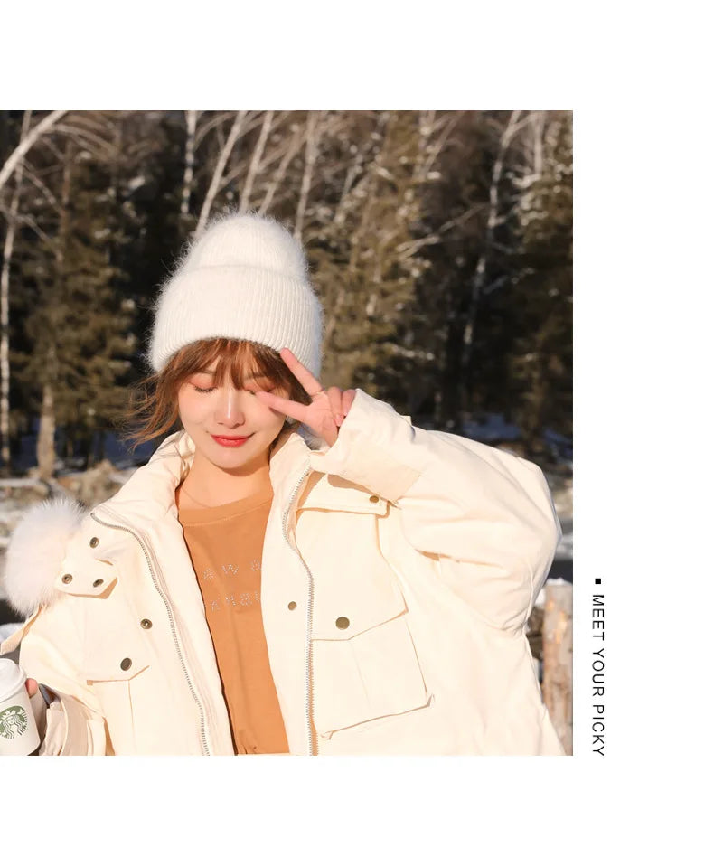 Warm Cashmere Wool Skullies Beanie For Women Rabbit Fur