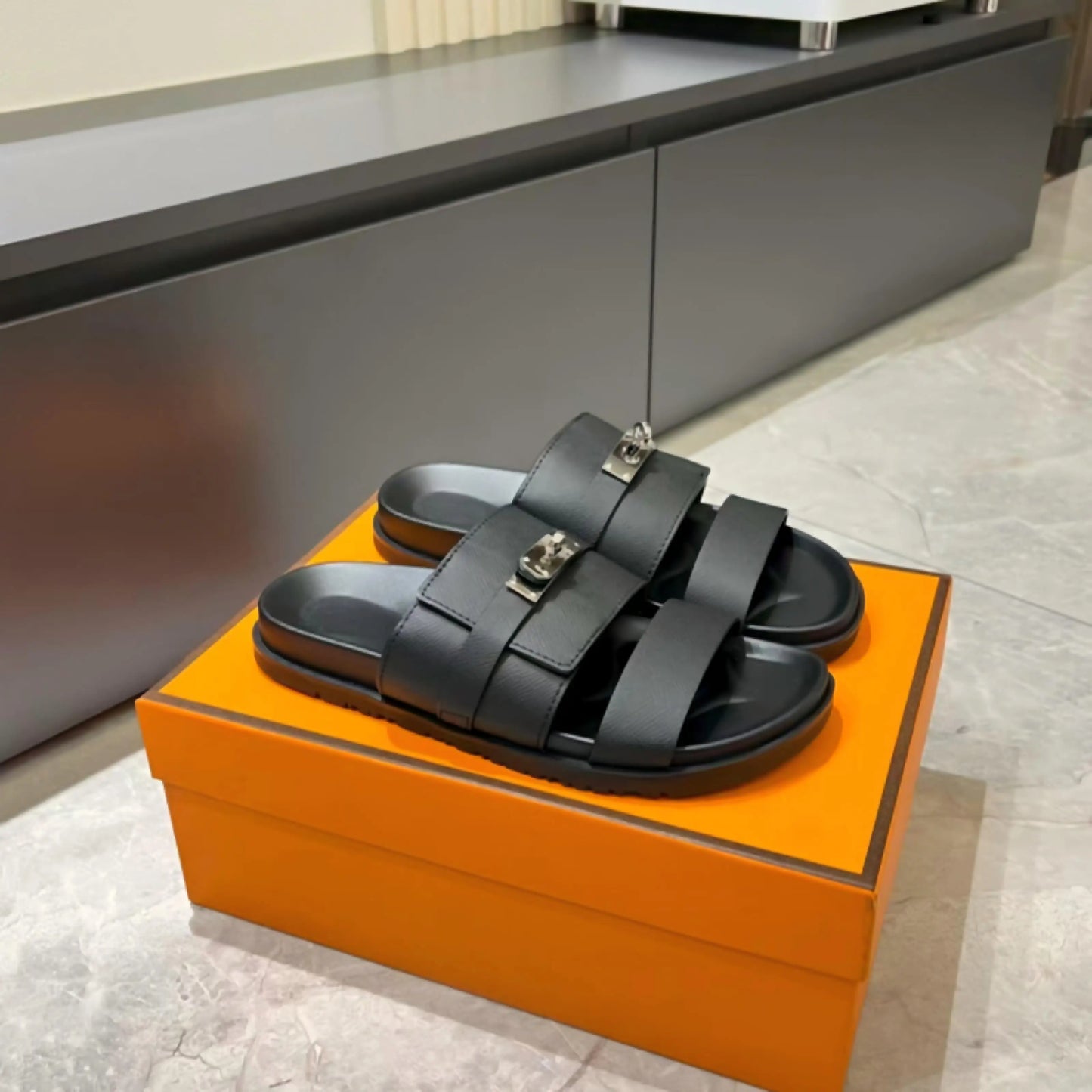 Luxury Women’s Leather Buckle Slide Sandals