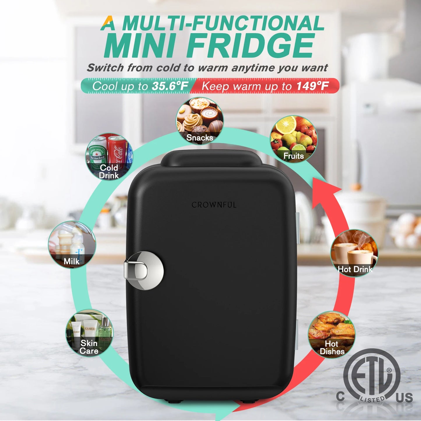 CROWNFUL 4L Mini Fridge – Portable Personal Refrigerator & Warmer for Skincare, Cosmetics, Beverages, Snacks, Office, Bedroom & Travel
