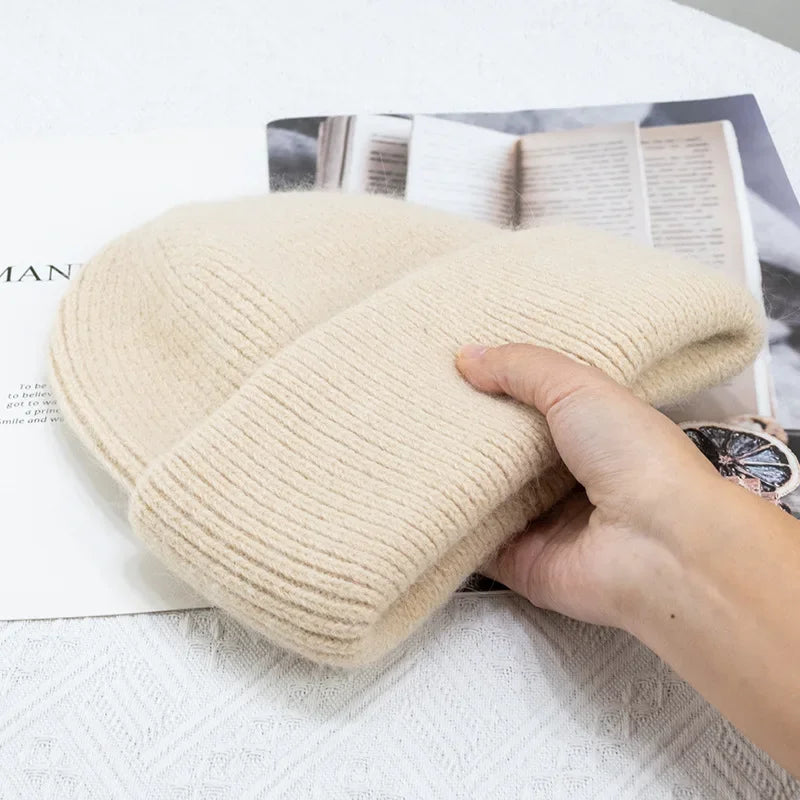 Warm Cashmere Wool Beanie For Women Rabbit Fur Threefold Cap