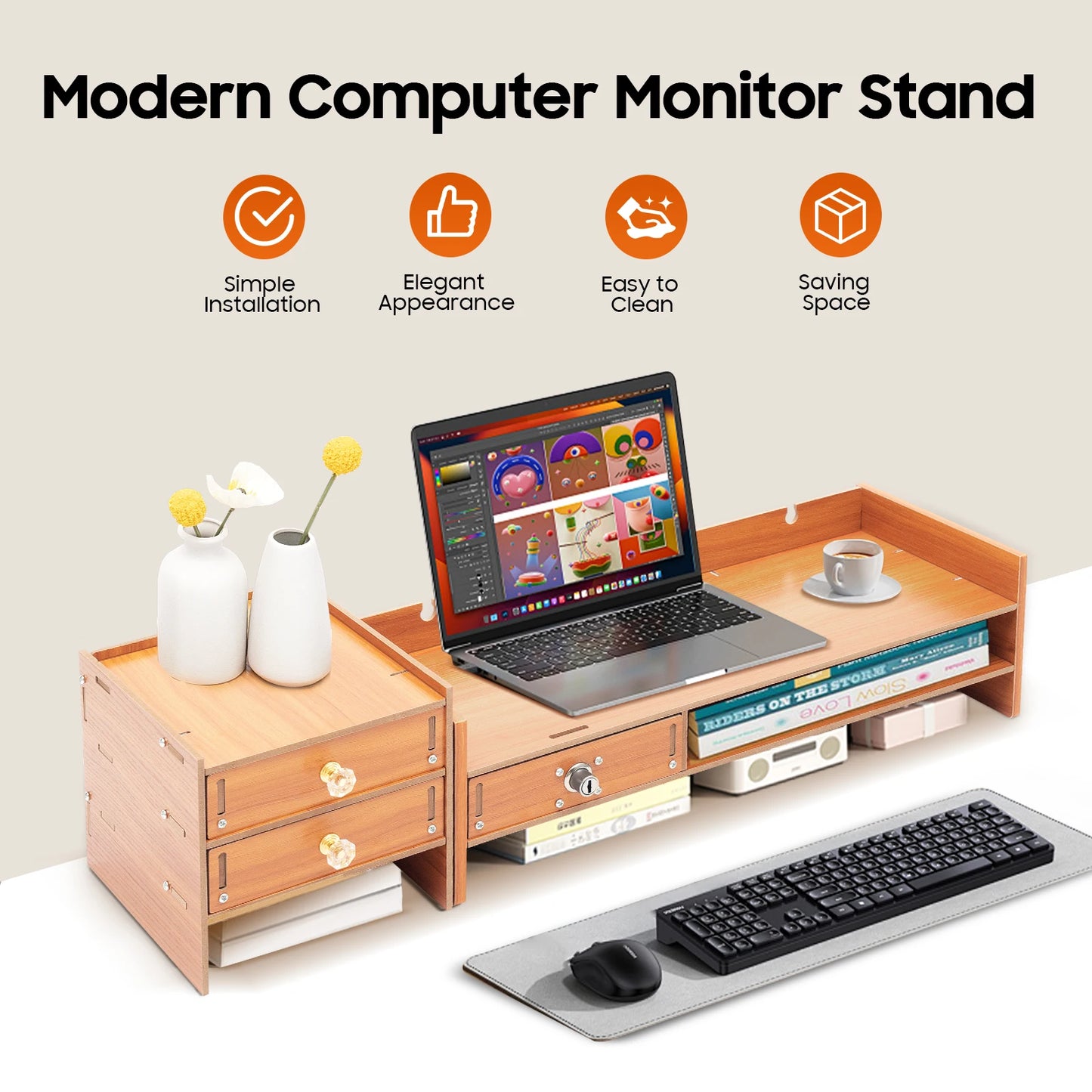 Computer Monitor Stand with Drawers, Phone Holder & Key Storage, Wooden Monitor Riser Desktop Organizer for Home Office