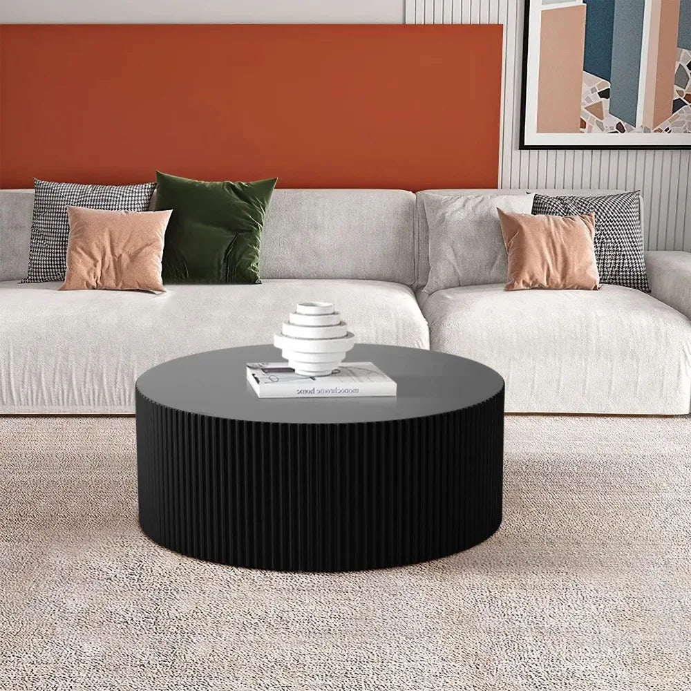 Round Coffee Table, Modern Black Side Table End Table for Living Room, Wood Circle Drum Coffee Table with Handcrafted Relief,