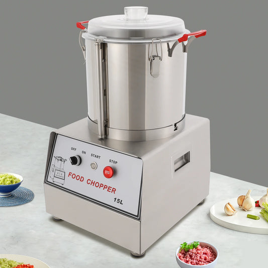 15L 201 Stainless Steel Silver Food Processor Chopping Machine 110V ,Tabletop 1400rpm for Restaurants, Cafeterias