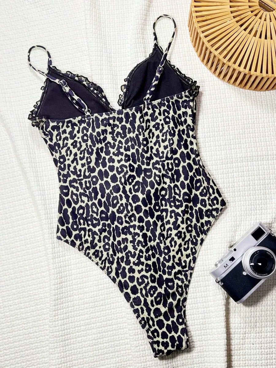 Women’s Leopard Print One-Piece Swimsuit | Tie-Front Cutout Ruffle Bathing Suit