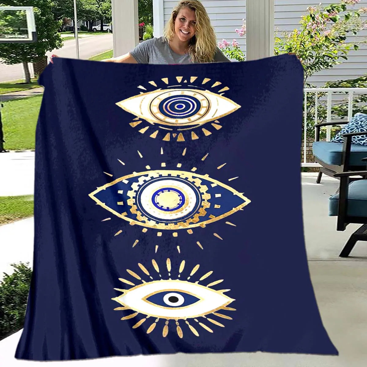 [Soft Polyester Flannel Blanket] Soft Polyester Flannel Evil Eyes Geometric Pattern Blanket - Machine Washable,