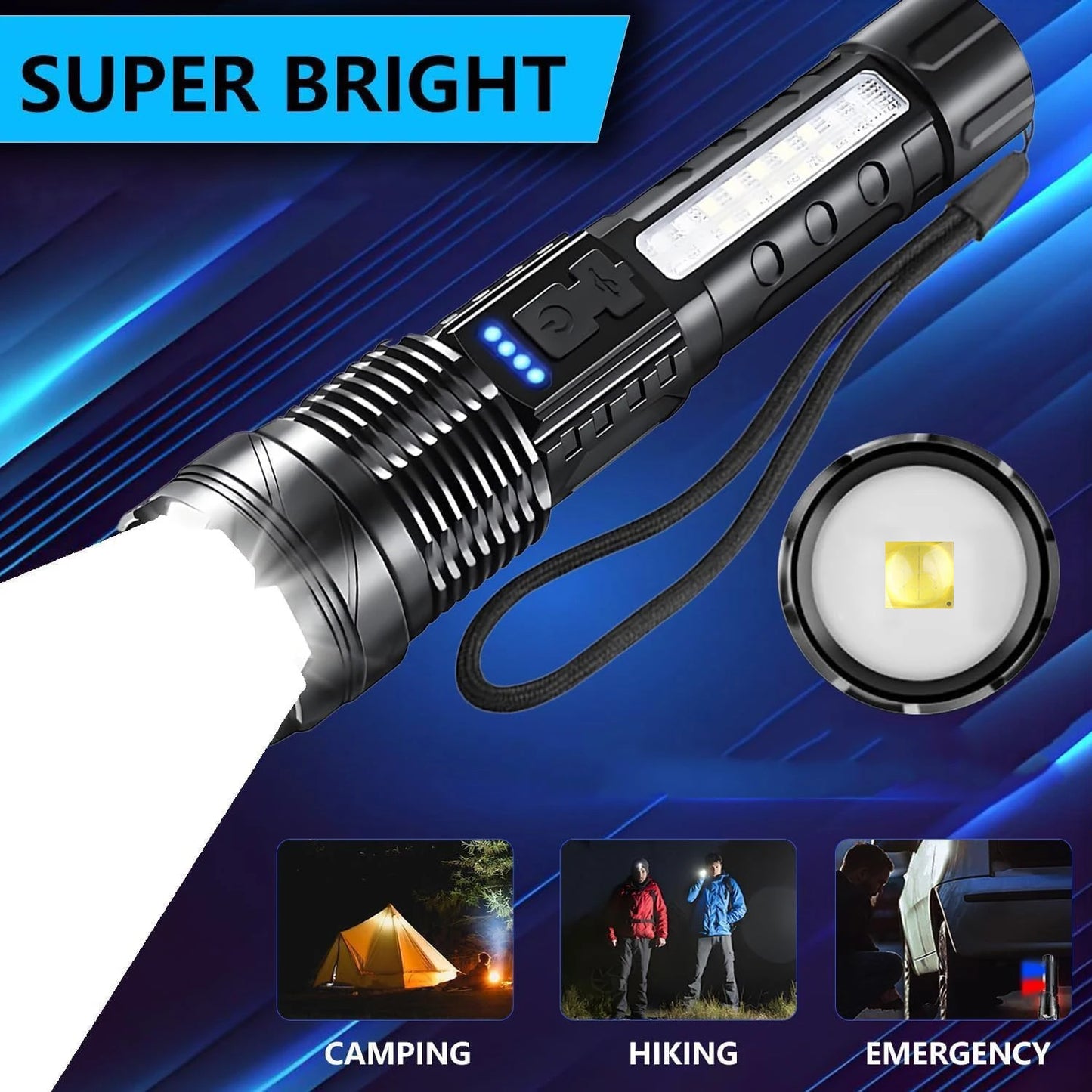 Rechargeable Tactical LED Flashlight .7 Modes, Zoomable Beam & USB Charging