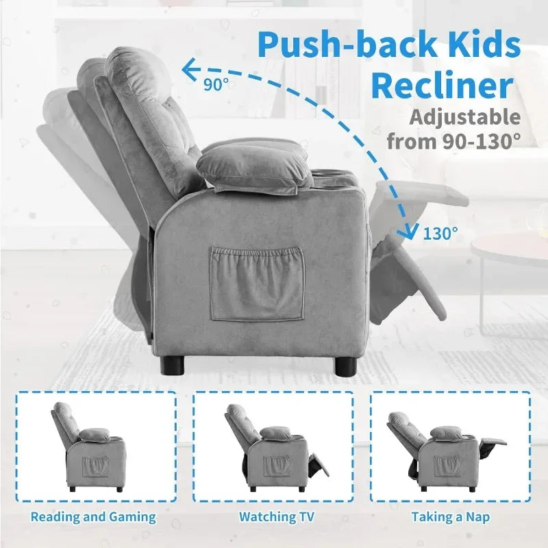 Toddlers Kids Recliner Chair Ergonomic Adjustable  Chair Footrest & Side Pockets Baby Sofa for Boys and Girls Bedroom (Gray)