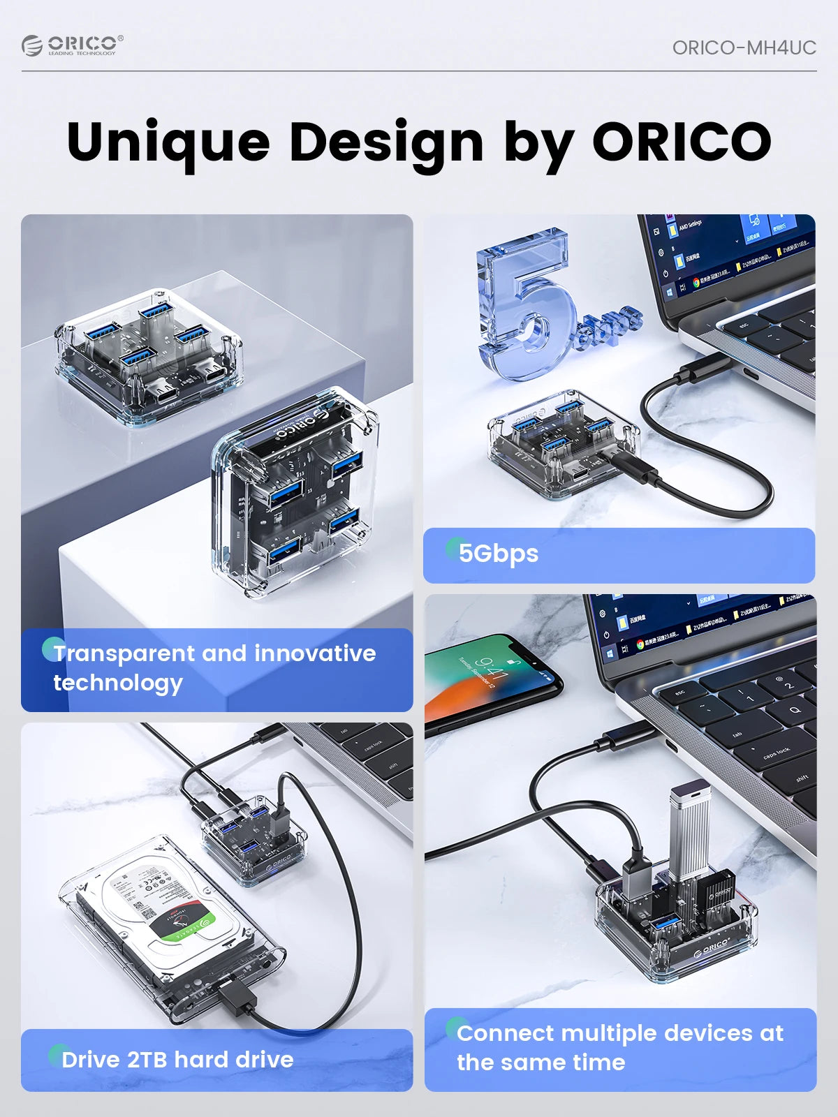 Transparent USB Hub Docking Station with High-Speed Data Transfer & Multi-Port Expansion  Description