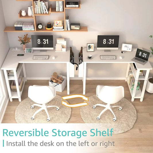 Brand new White L Shaped Computer Desk with Power Outlet Shelves, 40 Inch Small Reversible Corner Desk