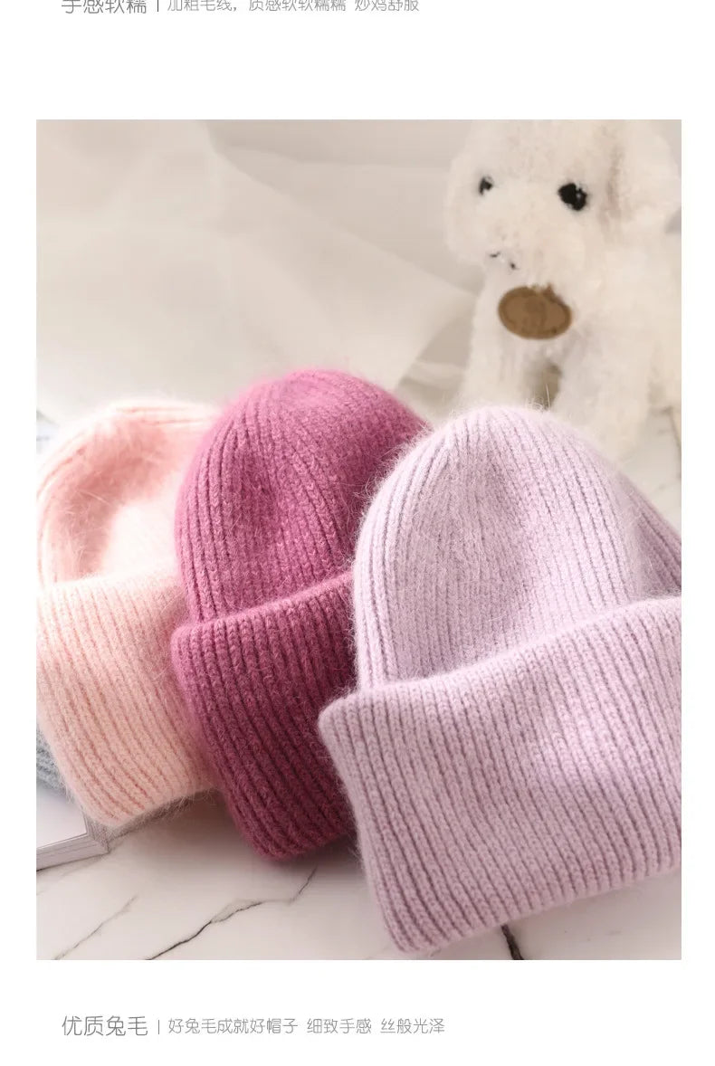 Warm Cashmere Wool Skullies Beanie For Women Rabbit Fur