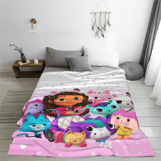 Gabbys Cartoon Dollhouses Kawaii Blankets Cute Anime Flannel Vintage Warm Throw Blanket Comfortable Blanket For Picnic Beds Sofa