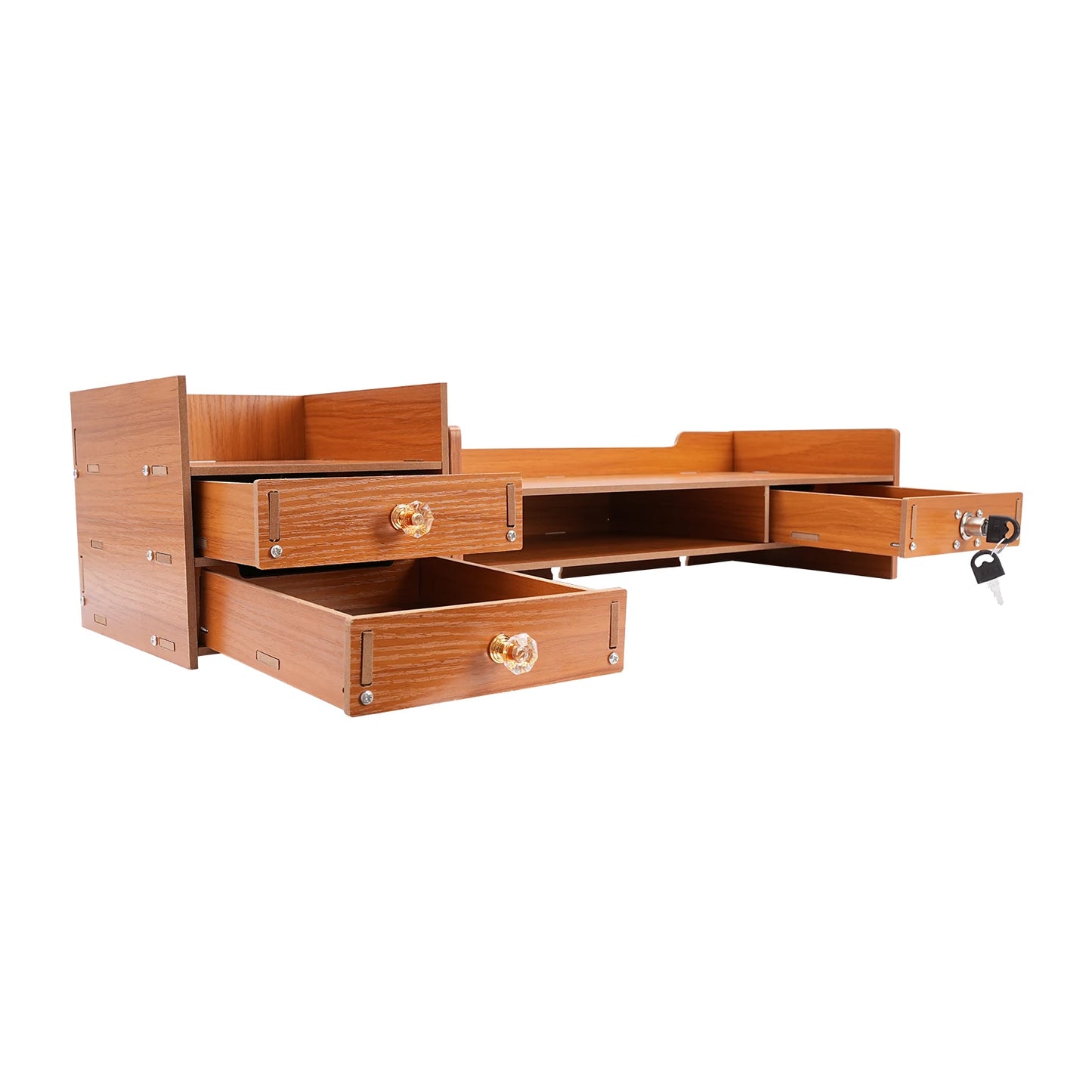 Computer Monitor Stand with Drawers, Phone Holder & Key Storage, Wooden Monitor Riser Desktop Organizer for Home Office