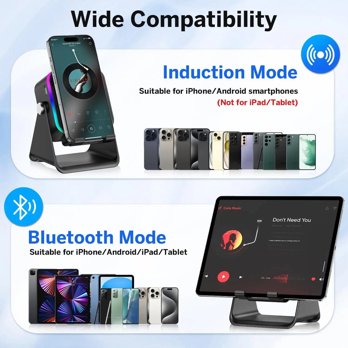 5-in-1 Wireless Charging Speaker Phone Stand with RGB Light and Bluetooth Audio