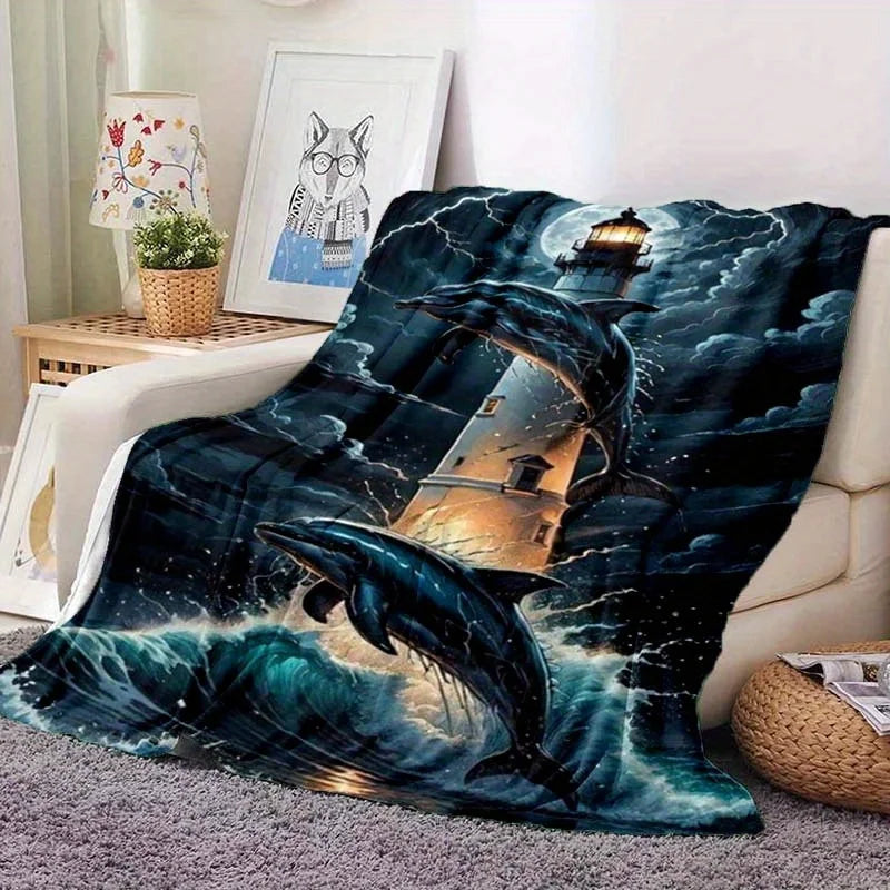 Dolphin and Lighthouse Print Polyester Flannel Blanket - Soft, Warm, Lightweight, Suitable for Sofa, Bed, Travel, Camping, Offic