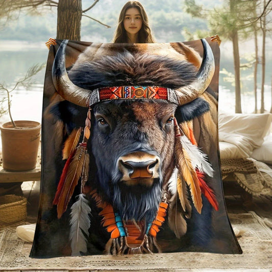 1 Native American Buffalo Feather Headband Flannel Blanket - Warm and soft, suitable for sofas, beds, living rooms, offices,