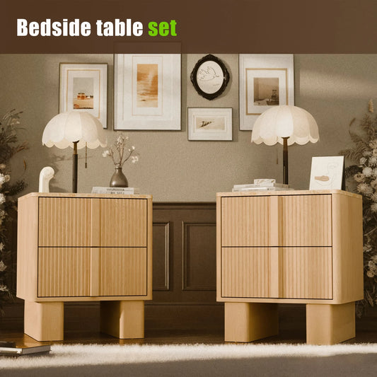 GEGOFORU Set of 2 Fluted Nightstands w/ Charging, 2-Drawer End Tables w/ Reinforced Legs, Whitewashed Oak for Bedroom