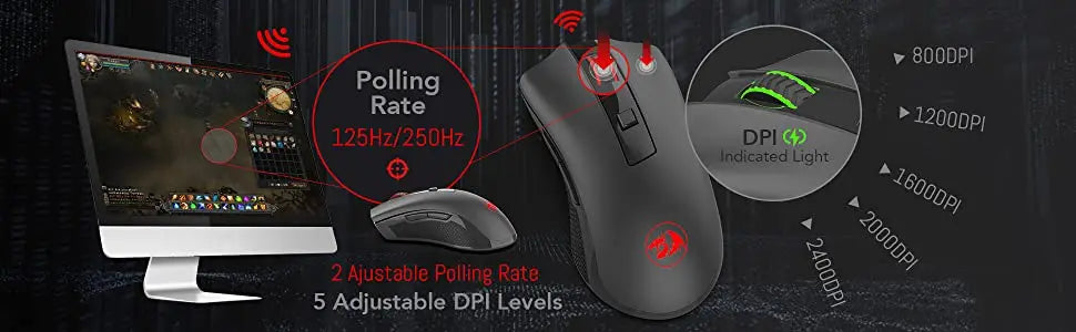 Redragon M652 2.4GHz Wireless Gaming Mouse, Ergonomic Optical USB Mouse with Adjustable DPI for PC, Laptop & Mac