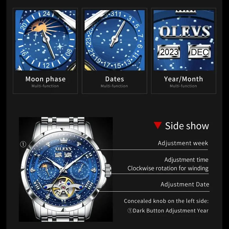 Men’s Luxury Skeleton Watch – Stainless Steel Starry Dial Design