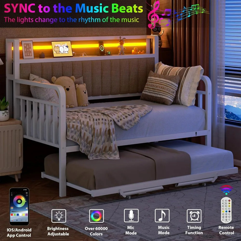 "durable metal daybed with lift trundle, twin bed frame with padded headboard and usb charging port"