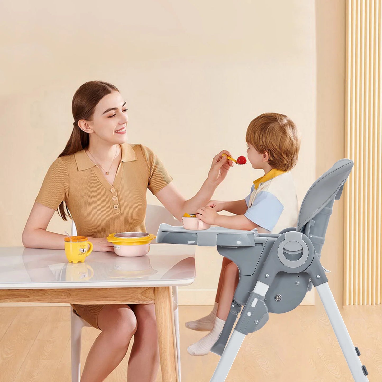 Multifunction Baby High Chair with Adjustable Height, Reclining Seat & Feeding Tray