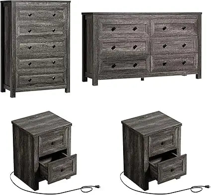 4 Pieces Farmhouse Bedroom Furniture Set, 1 X 5 Drawer Dresser, 1 X Rustic 6 Drawer Storage Dresser, Nightstand Set of 2 with Ch