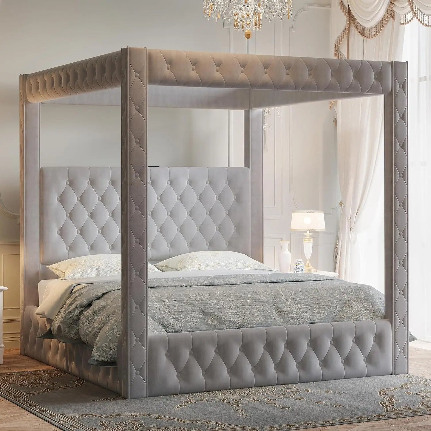 Velvet Upholstered Canopy Bed Frame with Padded Headboard